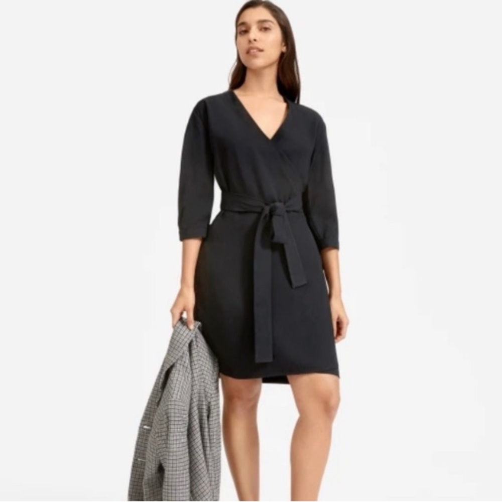 Everlane Japanese GoWeave Long-Sleeve Mini Wrap Dress - Black